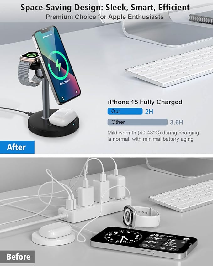 3 in 1 Wireless Charging Station for Apple Magsafe Charger Stand,15W Fast Magnetic Charging Station for iPhone 17 Air 16 15 14 13 12 11 Series, Watch Ultra & AirPods Apple Devices, Cell Phone Dock