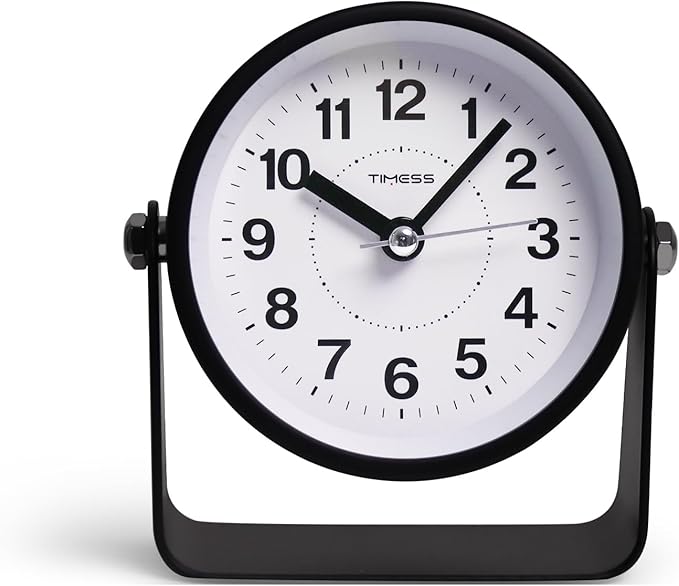 TIMESS Analog Alarm Clock, Silent Non-Ticking Quartz Movement, Battery-Operated with Snooze & On-Demand Light, Easy to Set Gentle Wake Bedside Desk Clock, Ideal for Home, Travel, Office (Black)