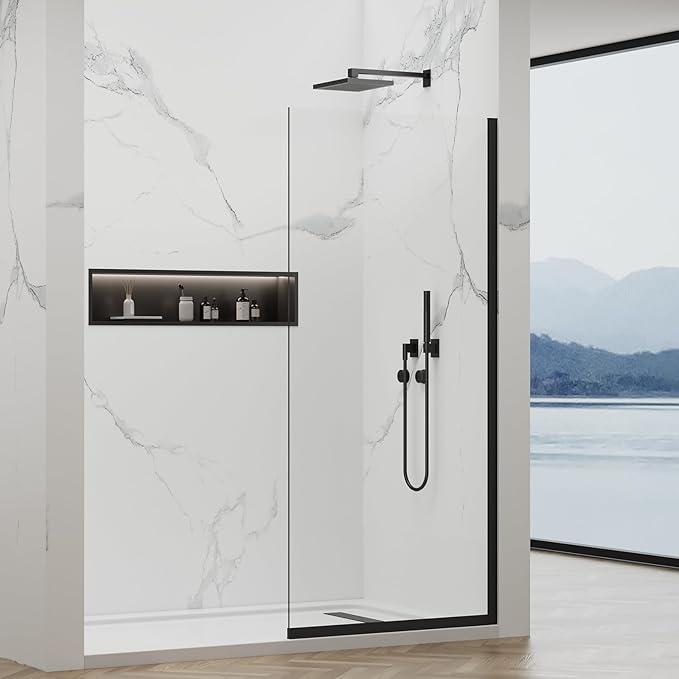 35"x74" Semi-Framed Shower Screen, Single Fixed Shower Glass Panel for Bathroom, 3/8" Tempered Glass with Dual-Sided Nano Coating, Reversible Install, Matte Black