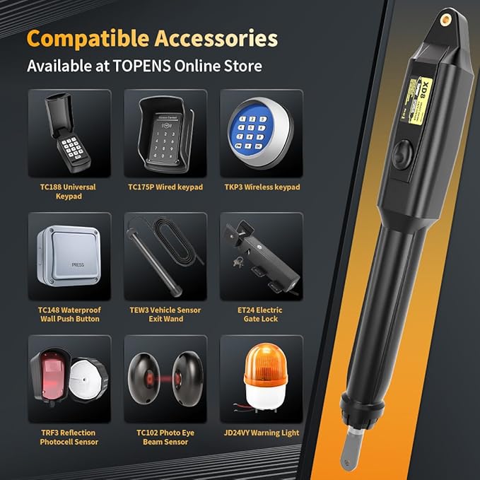 TOPENS XD851 Smart Gate Opener for Heavy Duty Single Swing Gates Up to 18ft, Automatic Gate Opener with App Control AC Powered Remote Control Kit Solar Compatible