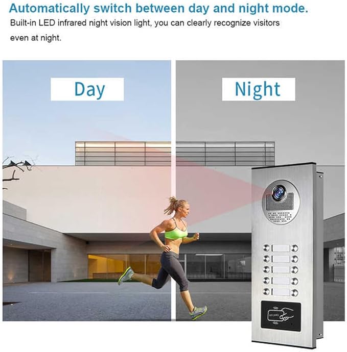 Wired Video Multifamily Apartment Intercom System,2/3/4/6/8/10/12 Units 7 inch Monitor Video Door Phone Kit,Video Doorbell, ID Card Unlock, 2 Way Audio for Home (1 doorbell + 10 Monitor)