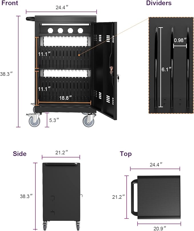 30-Device Mobile Charging Cart with Power Strip, Locks, Cable Management, Up to 16.3" Safe Charging Cabinet for Chromebooks, Tablets, Laptops. Black with Code Lock