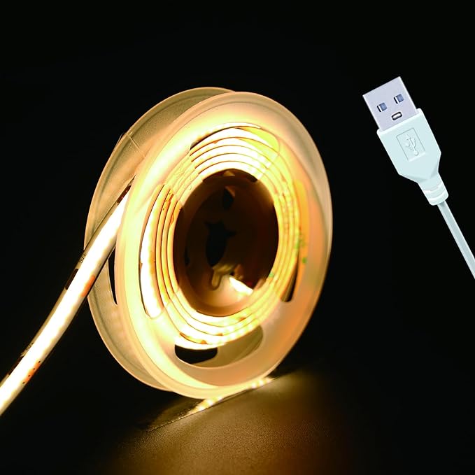 UVTaoYuan Short Led Strip Lights 5V USB LEDs Display Cabinet Lighting COB LED Strip Light 3000K Warm White Not Dimmable Flexible Small led Lights for DIY Home LED TV Lights Indoor Use (3.28FT/1M)