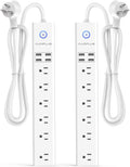 2 Pack Surge Protector Power Strip - 10FT Long Extension Cord with Multiple Outlets, 6 Widely Outlets 4 USB Charging Ports, Flat Plug Overload Surge Protection, Wall Mount for Home, Office ETL Listed