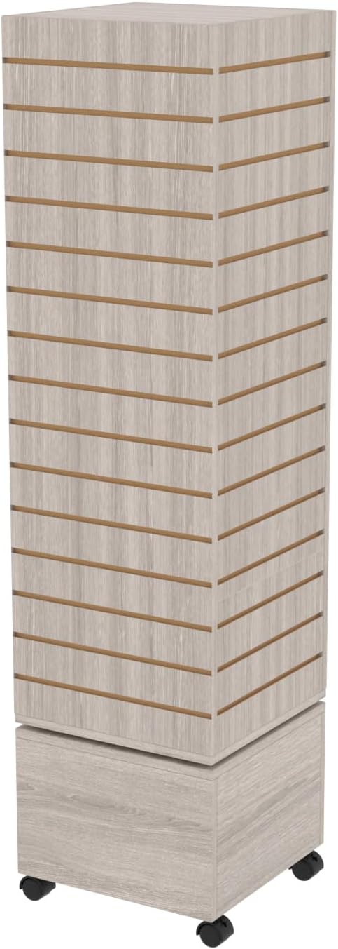 16" W * 16" D * 62" H - Slatwall Tower, Four Panel Slatwall Retail Fixture, Rotating Retail Display Rack (Gray Wood Grain)