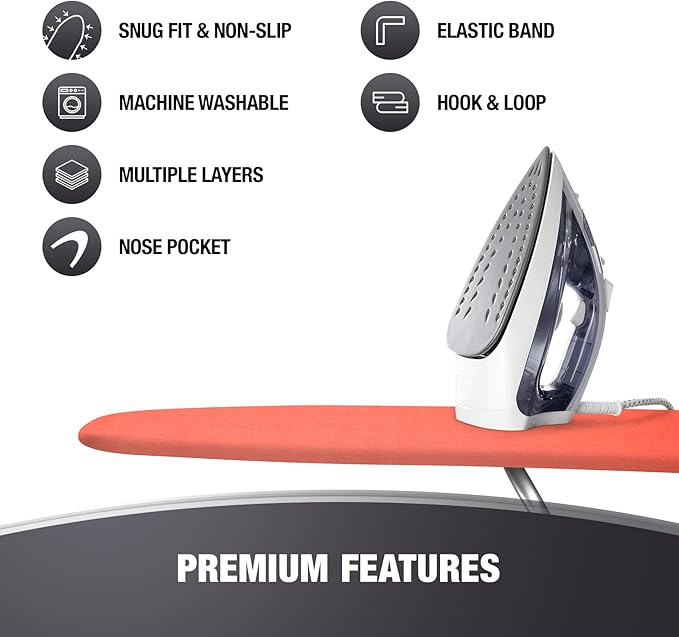 COTTY HOME Extra Thick Ironing Board Covers with Pad Standard Size 15x54, Heat Reflective Full Scorch Resistant Padding, Snug Fit Non-Slip Nose Pocket Fastener Straps Elastic Edges, Orange