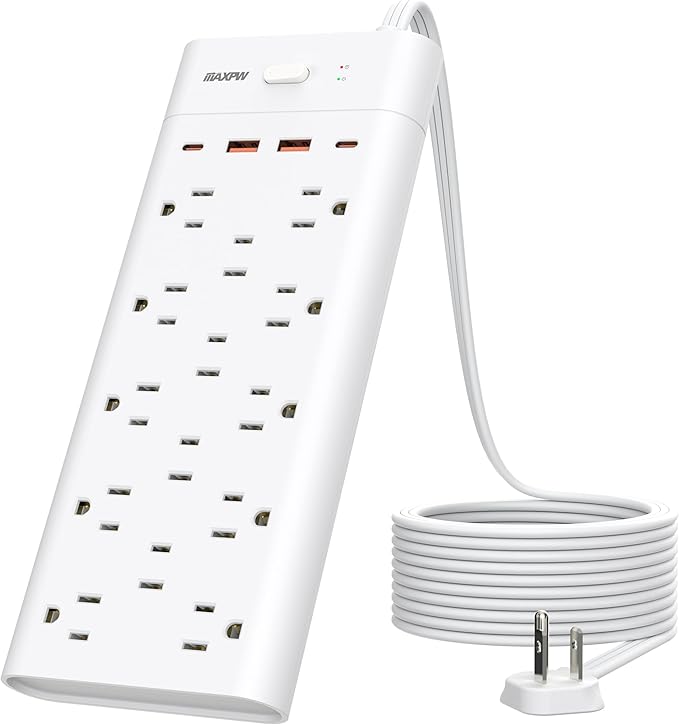 Power Strip Surge Protector Outlet Extender with 14 Outlets and 4 USB Ports (2 USB C), 10 Ft Extension Cord & Flat Plug, 1700 Joules, Wall Mount for Home, Office, Dorm, White