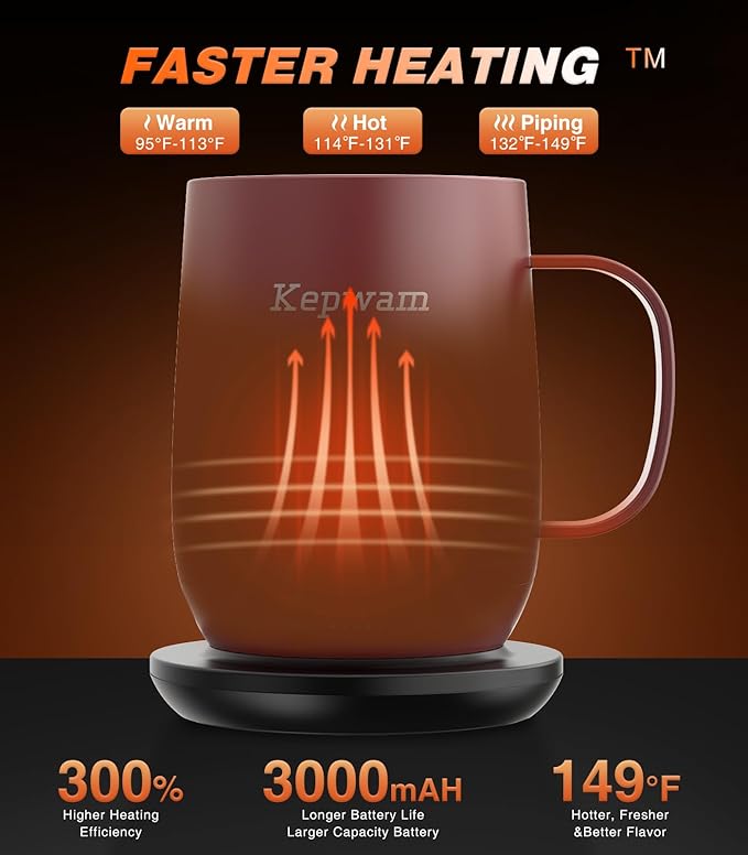 Kepwam Self Heating Coffee Mug T2, 16oz Smart Heated Coffee Mug, 150 Min Battery Life - Hot up to 149℉ Temperature Control Coffee Mug Warmer, Gifts for Dad Mom (No APP)