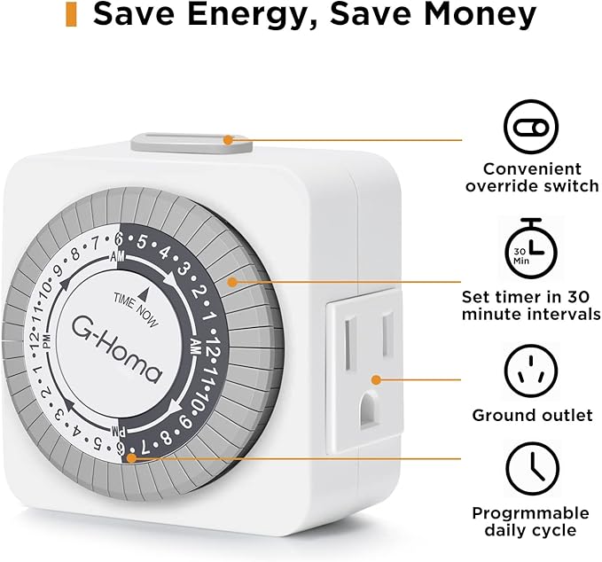 G-Homa Timers for Electrical Outlets, 24 Hour Indoor Plug-in Mechanical Timer Mini, 30 Minute Intervals, 3-Prong, Daily On/Off Cycle, for Lights, Lamps (4-Pack, ETL Listed)