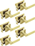 Mengico 6 Pack Gold Privacy Lever Door Handle Interior with Lock, Heavy Duty Square Door Lock for Bed/Bath, Keyless Door Locksets, Reversible for Left Right Handed Doors