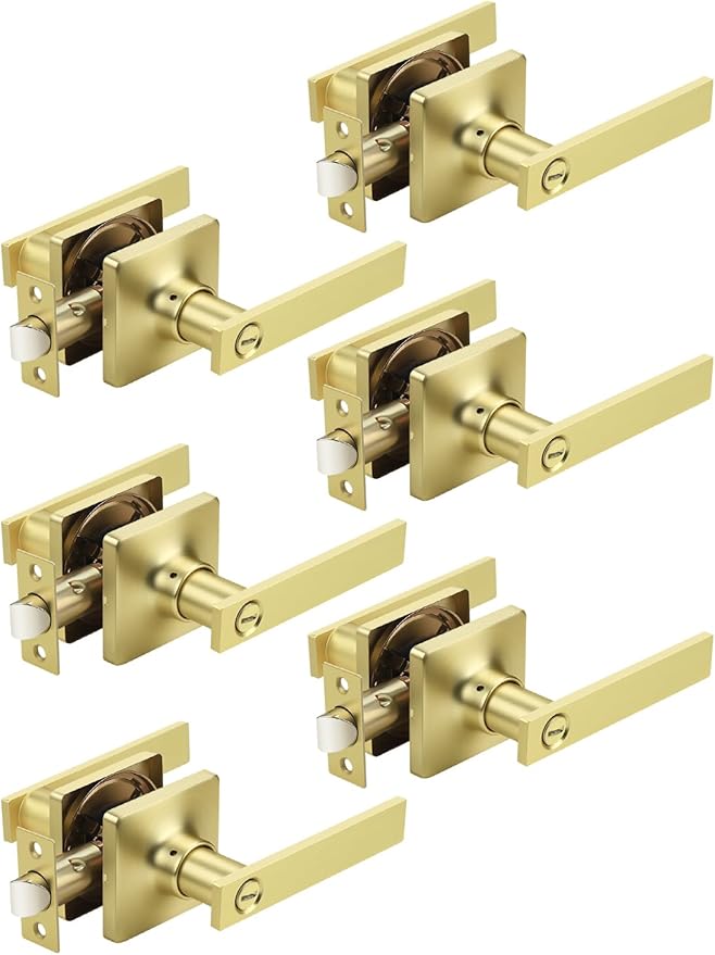 Mengico 6 Pack Gold Privacy Lever Door Handle Interior with Lock, Heavy Duty Square Door Lock for Bed/Bath, Keyless Door Locksets, Reversible for Left Right Handed Doors