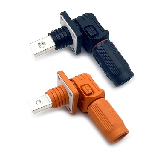 200A Battery Energy Storage Connector, 50mm² High Current Connectors IP67 Waterproof Copper Brand Thread Wiring Power Adapter Quick Plug Terminal Right Angle Plug and Socket (1500V Black+Orange)