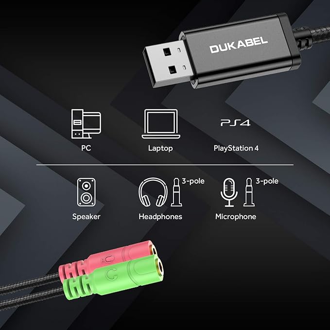 Long USB Audio Adapter, DuKabel USB to 3.5mm Jack TRS AUX Adapter for Built-in Chip USB Sound Card for Headset with Separate Plug TRS 3 Pole Microphones [Metal Housing & Durable Braided / 47inch]