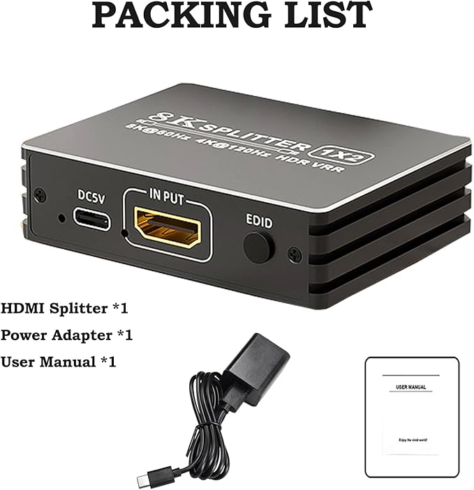 HDMI 2.1 Splitter 1 in 2 Out 4K 120Hz 8K 60Hz with Audio Out, BolAAzuL 1x2 HDMI Y Splitters Powered Plug&Play for Dual Monitors Duplicate, Zero Latency, Support HDCP 2.3 HDR for PS5/Xbox/PC/TV