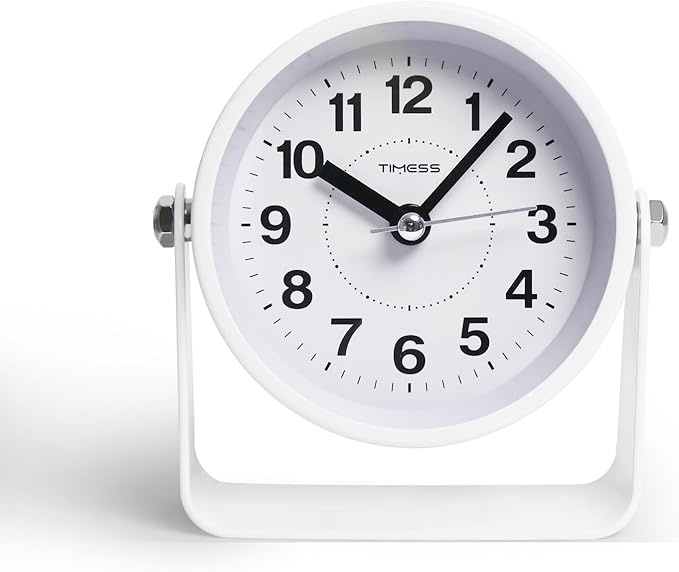 TIMESS Analog Alarm Clock, Silent Non-Ticking Quartz Movement, Battery-Operated with Snooze & On-Demand Light, Easy to Set Gentle Wake Bedside Desk Clock, Ideal for Home, Travel, Office (White)