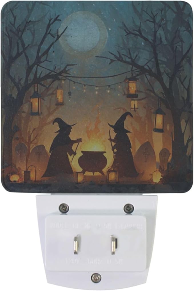 Pigsaly Led Night Light Halloween Witches Cauldron Tombstones Bare Trees Night Light Plug in Wall Lamp Smart Dusk to Dawn Sensor Nightlight Led Lamp Energy Saving Lights Gift for Kids Room Bedroom Ba