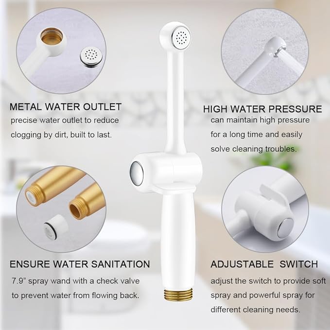 Handheld Bidet Toilet Sprayer, White Bidet Spray for Toilet, Cloth Diaper Sprayer with Backflow Preventer, Adjustable Water Jet Spray with 7.9" Long Wand