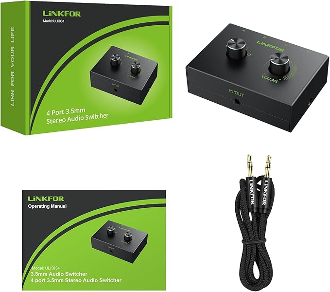 LiNKFOR 4 Port 3.5mm Stereo Audio Switch, 4 Way Stereo Audio Selector, 4 Input 1 Output / 1 Input 4 Output Audio Splitter with Volume Control and 4 Channel Switch Knob