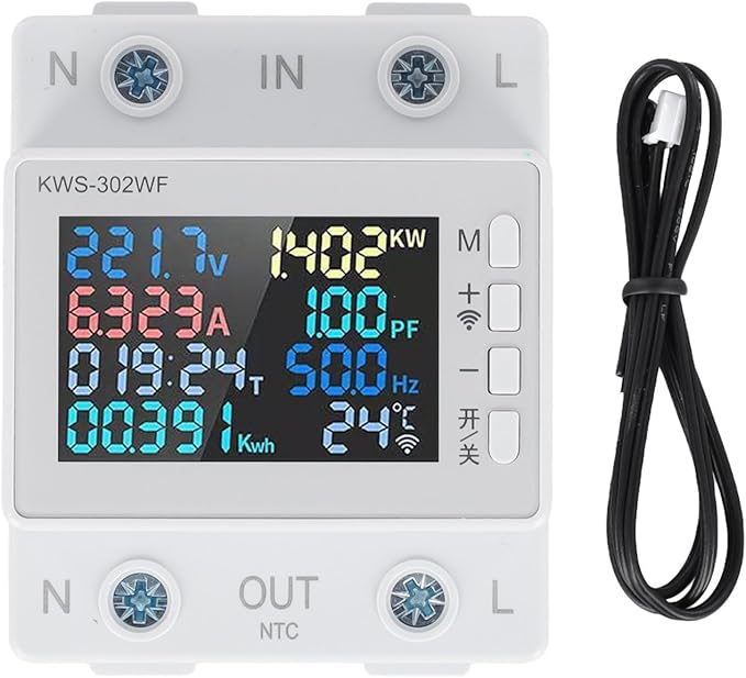 LCD Digital Energy Meter, Single Phase Energy Meter, Din Rail Electricity Usage Monitor, Power Usage Monitor AC170V~270V Power Voltage Meter(KWS-302WF)