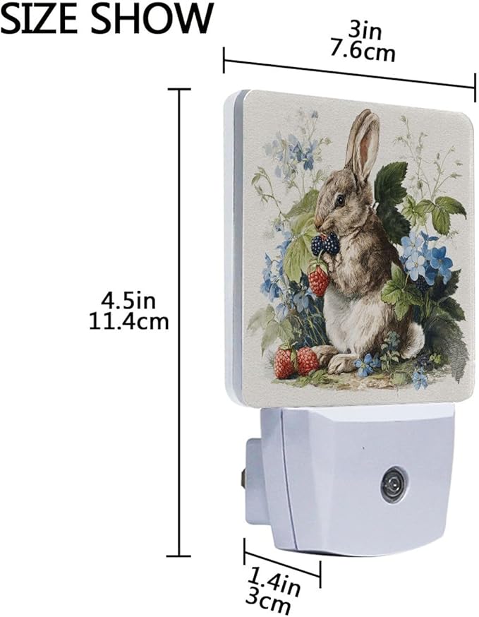 Pigsaly Led Night Light Watercolor Rabbit Strawberries Night Light Plug in Wall Lamp Smart Dusk to Dawn Sensor Nightlight Led Lamp Energy Saving Lights Gift for Kids Room Bedroom Bathroom Hallway