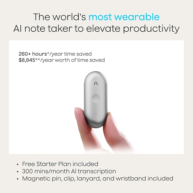 Plaud NotePin S AI Voice Recorder, Wearable AI Notetaker, AI Transcribe & Summarize, Support 112 Languages, 64GB Memory, Audio Recorder for Meetings Interviews with 4 Accessories, Silver