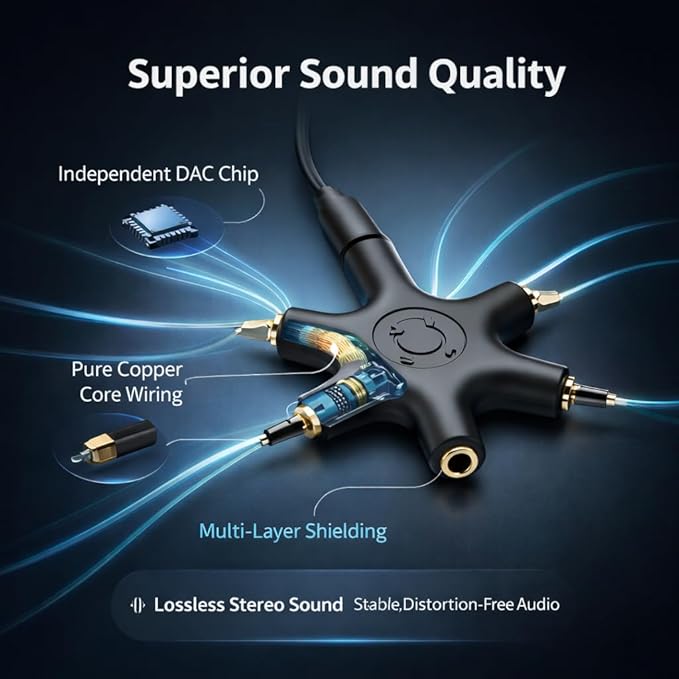Mizi USB-C Headphone Splitter 5-Way - Type-C to 3.5mm Audio Adapter with 1 Male to 5 Female Ports, Multi-Headphone Aux Splitter for Phone, Tablet, Laptop, PC - Black