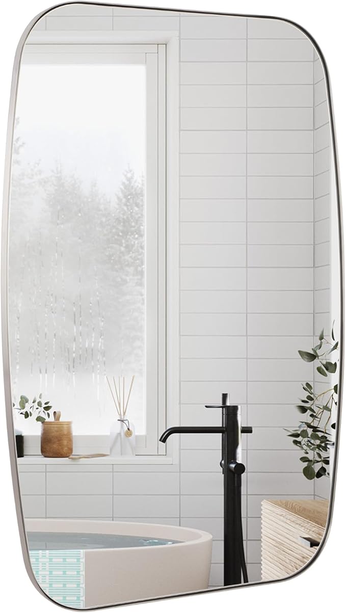 Brushed Nickel Bathroom Mirror, 32"×40" Oval Vanity Mirror with Stainless Steel Metal Frame, Silver Oblong Wall Mount Mirror for Bedroom, Living Room