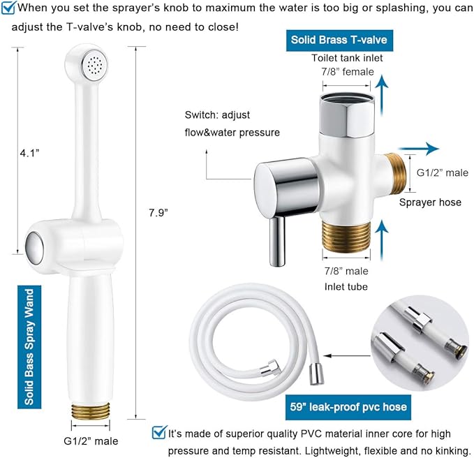 Handheld Bidet Toilet Sprayer, White Bidet Spray for Toilet, Cloth Diaper Sprayer with Backflow Preventer, Adjustable Water Jet Spray with 7.9" Long Wand