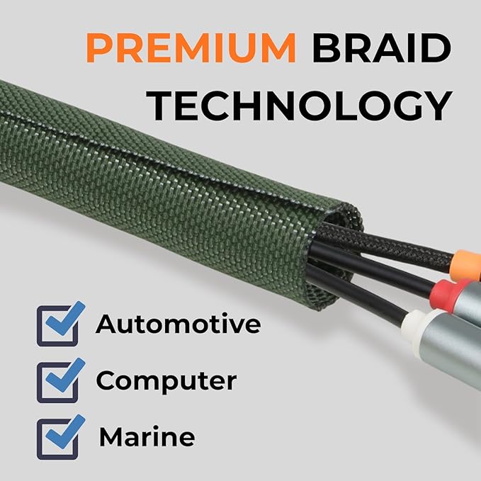 HOLED 1 inch Split Braided Cable Management Sleeve for USB Cable Power Cord Audio Video Cable, Wire Loom Cord Protector from Cat Dog Chewing (Dark Green, 25FT)