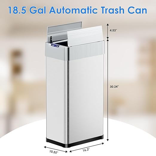 TLSUNNY 18.5 Gallon Automatic Trash Can, Stainless Steel Motion Sensor Garbage bin, Smart Trash Can W/Butterfly Lid, Bag Retainer Ring and Display Light for Living Room,Kitchen,Office (Silver, 70L)