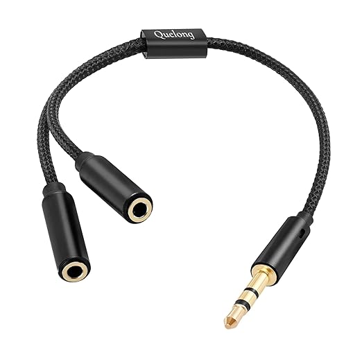 Quelong 1Pcs Headphone Splitter, Dual Headphone Nylon Braided Extension Cable, Hi-Fi Audios Stereo Y Splitter 3.5mm 2 Female 1 Male, Suitable for Phones, PS4, Amplifiers, Smartphones, Tablets,etc.