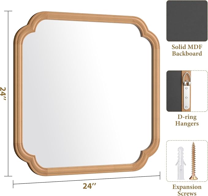 Ferytane Square Natural Wood Mirror 24X24 Inch,Wood Mirror for Bathroom Over Sink Rounded Corner Wooden Framed Mirror for Vanity, Entryway, Living Room Farmhouse, Tempered Glass (Natural Beech Wood)