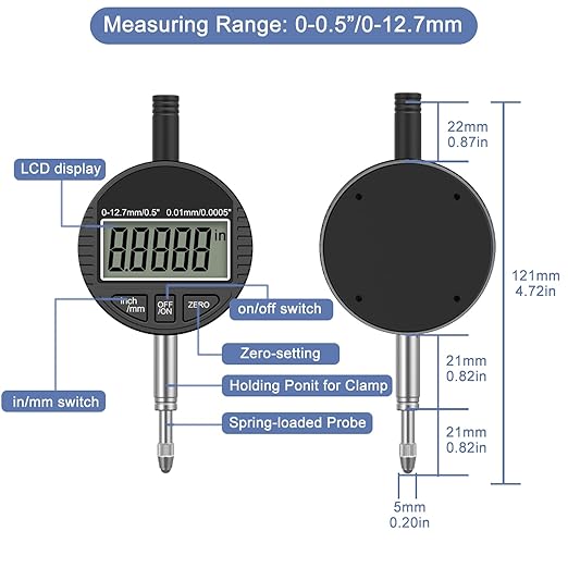 HDLNKAK Electronic Digital Dial Indicator Gauge 0-12.7mm/0.5” Inch/Metric Conversion, High Precision Probe with 0.01mm/0.0005” Resolution for Testing.