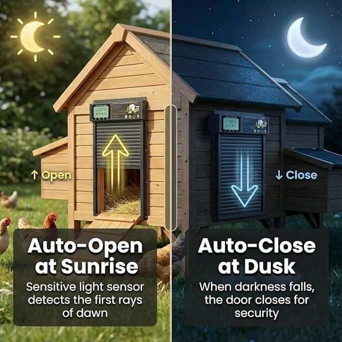 XRDZYXGS Automatic Chicken Coop Door Opener, Space-Saving Roll-up Design, 11.8" x 18.9" Aluminum Alloy Poultry Door for Ducks Geese, Solar Panel with Built-in 6000mAh Battery, Support USB-A Power