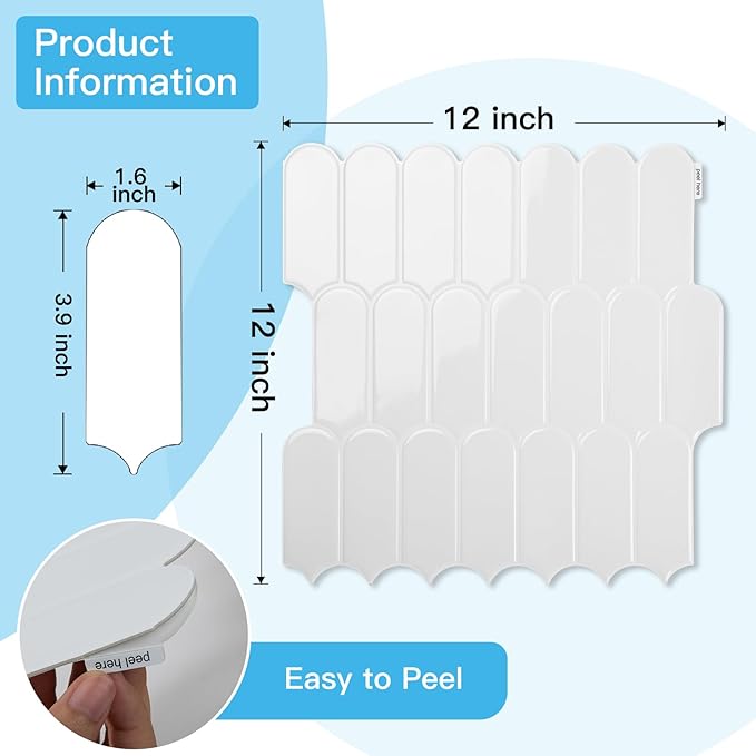 Art3d 12 x 12 Inch Heavy-Duty Peel and Stick Backsplash, Self-adhesive Wall Tiles for Kitchen Bathroom Decor, 10-Pack White