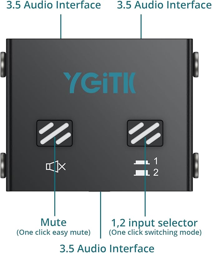 YGITK 3.5mm Audio Switch Bi-Directional, 2-in-1 & 1-in-2 Stereo Audio Switcher with Mute Button, No External Power Required, Includes 3.5mm Audio Cable, fo Speakers, PC, Phone, Laptop, Headphone
