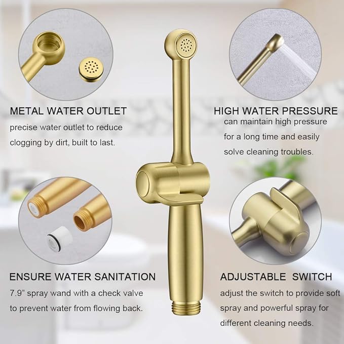 Handheld Bidet Toilet Sprayer, Brass Hand Held Bidet Attachment Cloth Diaper Toilet Sprayer with Backflow Preventer, Adjustable Water Jet Spray for Toilet with 7.9" Long Bidet Wand, Brushed Gold