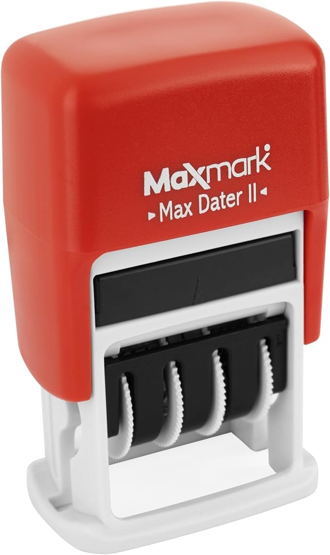 MaxMark Self-Inking Rubber Date Office Stamp with Approved Phrase & Date - RED Ink (Max Dater II), 12-Year Band
