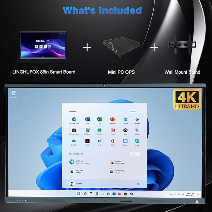 LINGHUFOX Smart Board, 86” Digital whiteboard with Windows 11 Pro 13th i7 16+256G & Android 13, Built-in AI Camera and 8 Mics-4K Touchscreen Interactive Whiteboard for Classroom Office Home