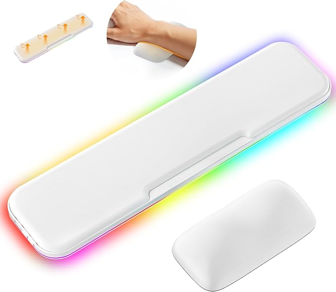 KONDOUND 2-in-1 Heated Wrist Rest Set, Ergonomic Memory Wrist Pad with RGB Lights and Non-Slip Base, Keyboard Mouse Wrist Rest for Computer Laptop Office Work and PC Gaming