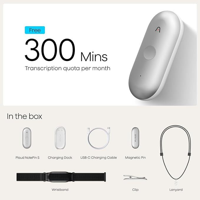 Plaud NotePin S AI Voice Recorder, Wearable AI Notetaker, AI Transcribe & Summarize, Support 112 Languages, 64GB Memory, Audio Recorder for Meetings Interviews with 4 Accessories, Silver