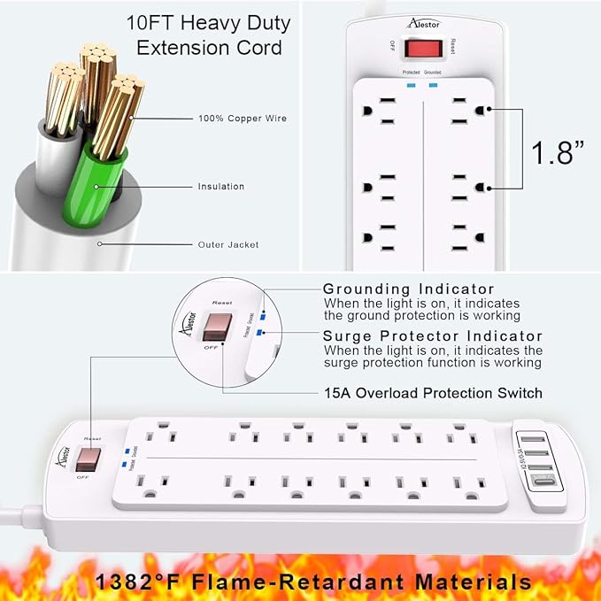 Power Strip, ALESTOR Surge Protector with 12 Outlets and 4 USB Ports(1 USB C Port), 10 Feet Extension Cord (1875W/15A), 2700 Joules, ETL Listed, White