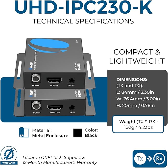 OREI HDMI Over Ethernet Extender via CAT6/7-4K@60Hz Up to 230 ft – HDMI 2.0 & HDCP 2.2 Compliant - 18Gbps Video Bandwidth with HDR 10 – Power Over Cable - 1 Year Warranty (UHD-IPC230-K)