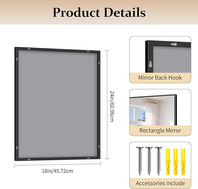 Black Bathroom Mirror for Wall, 18x24 Inch Rectangle Mirror with Metal Frame, Modern Vanity Mirrors for Bathroom Living Room, Entryway Hangs Horizontal or Vertical