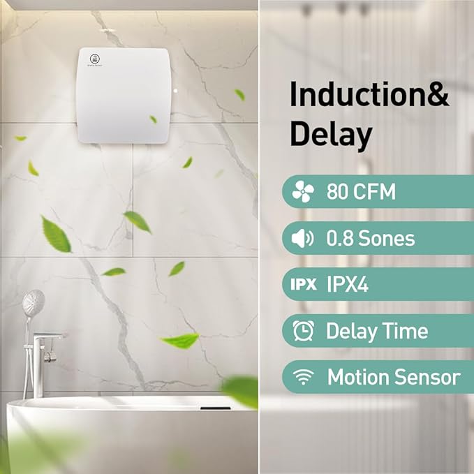 Hehou Bathroom Exhaust Automatic Fan for Wall and WIndow,Super Quiet 4 In Bathroom Motion Sensor and Delay Time Exhaust Fan with O Ring White 80 CFM Vent Fan