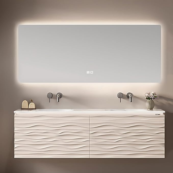 52IN Bathroom Vanity - Smart Defogging Mirror Cabinet | Waterproofing Technology & Wave Shaped Door Panel, Floating Bathroom Vanities with Large Storage Space (Mirror)