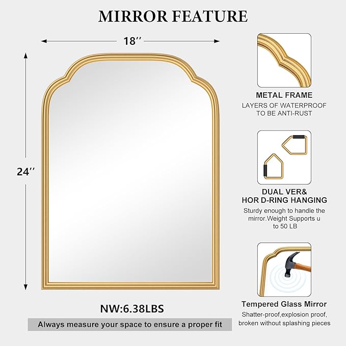 18X24 Inch Gold Mirror for Wall with Metal Frame Rectangular Rounded Bathroom Vanity Mirror Anti-Rust, Hangs (Gold 18" x 24")