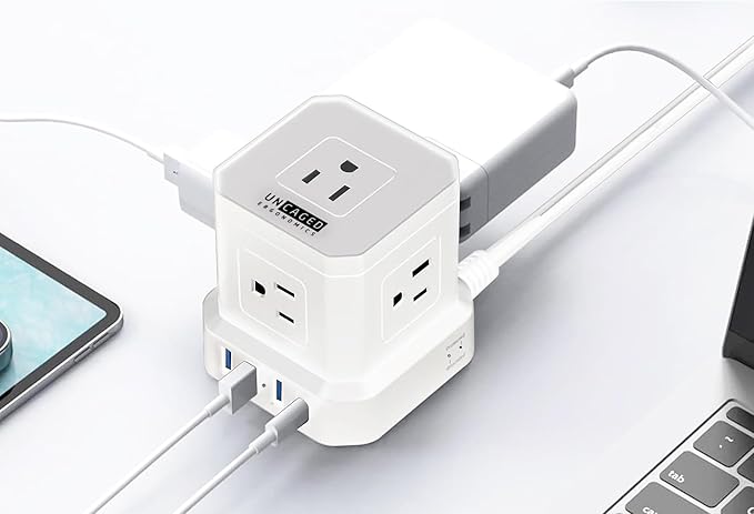 Uncaged Ergonomics Cube Power Strips w/Surge Protection, 10ft Extension Cord with Multiple Outlets, 5 AC Plugs, 3 USB (1C Port) Fast Charging Power Strip with USB Port, On/Off Switch Charging Station