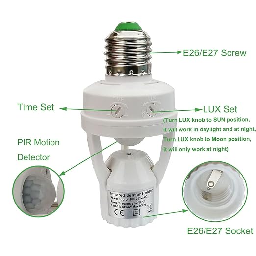 Motion Activated Light Socket, E26 Motion Security Light Bulb Socket Indoor - Image 3