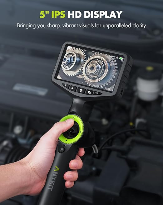 Anykit 360° Articulated Engine Endoscope, Aviation Hole Sight with 0.25" Convertible Snake Camera, 5" IPS Video Check Camera with Light for Mechanic Maintenance Technician - 3.28'